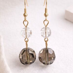 Gold Tone Crystal Drop Earrings Faceted Bead Dangle Sparkly Elegant Neutral